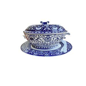 Vintage Bombay Company Blue & White Ceramic Soup Tureen with Matching Platter